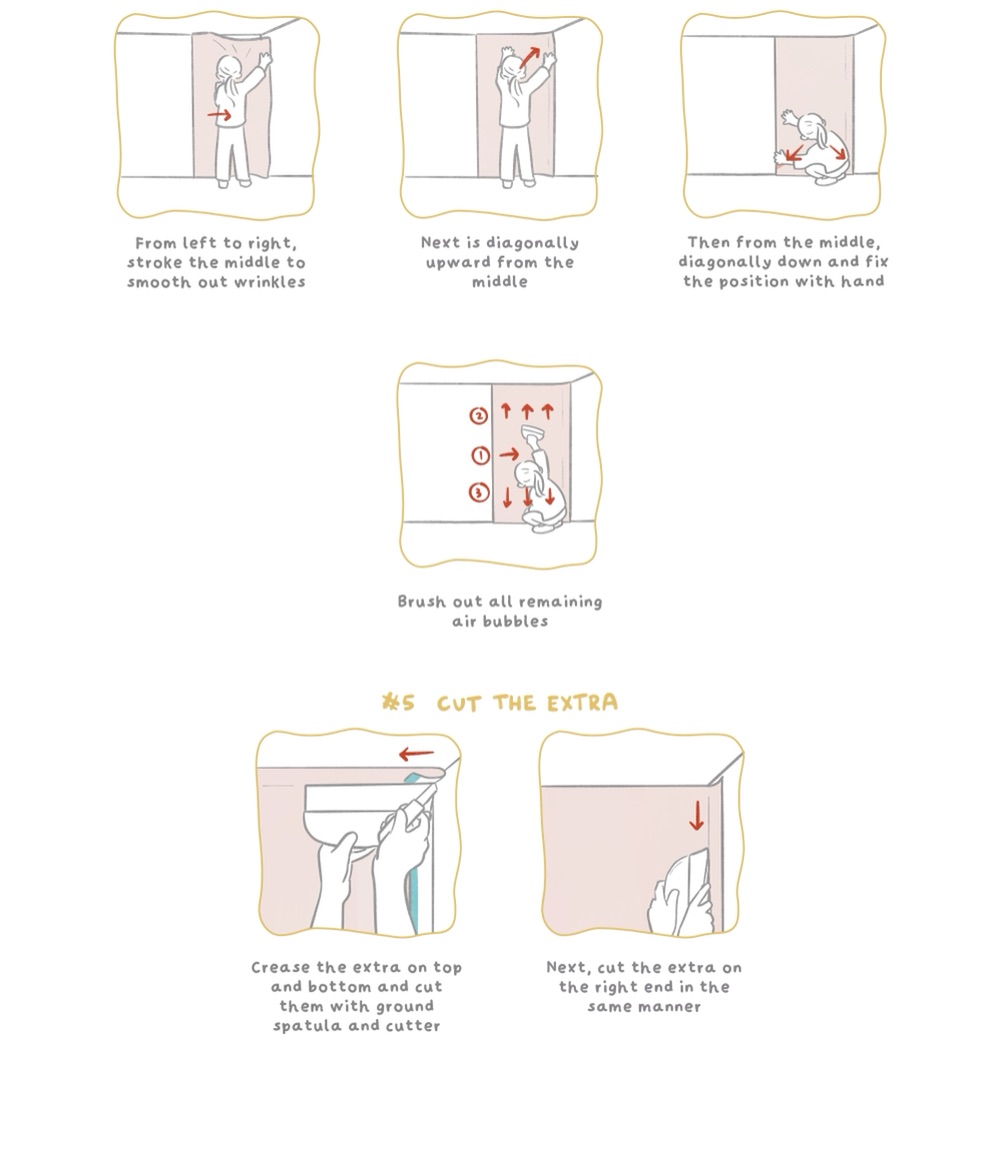 Steps for finishing the wallpaper installation: smoothing, removing bubbles, and cutting excess